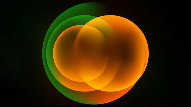 Abstract circles overlap, creating vibrant orange, green hues. Soft glow emanates from shapes against dark background. Simple design.