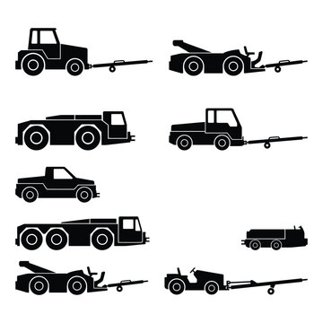 Set of airport towing tractors and ground support equipment silhouettes