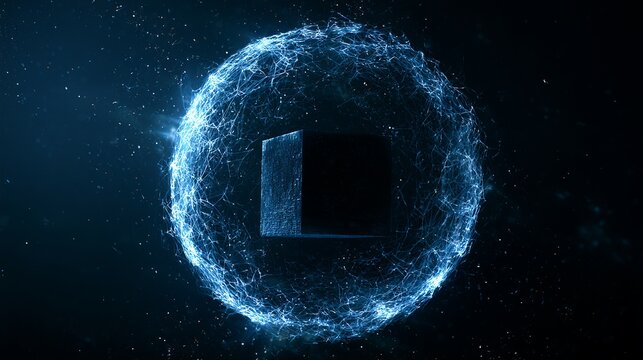 Abstract glowing sphere encapsulates dark cube, symbolizing innovation and data protection, a futuristic concept