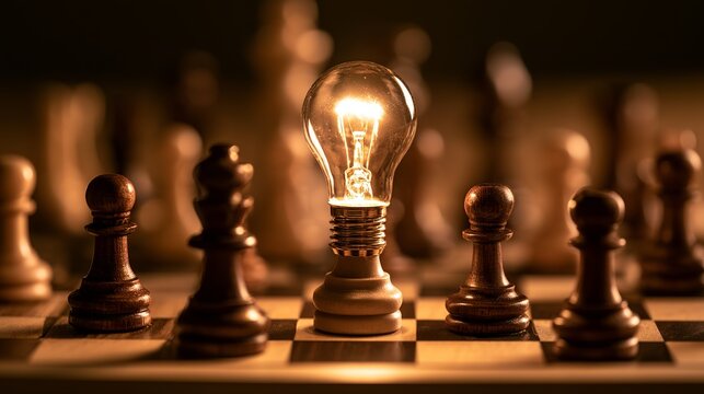 Glowing lightbulb sits centrally among dark chess pieces, representing a clever strategy concept and innovative thinking
