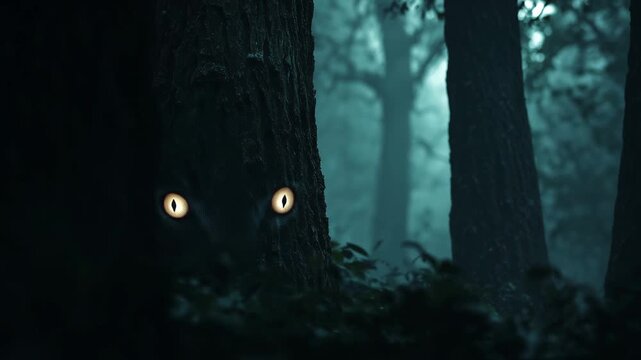 A pair of glowing eyes is visible peering from behind a tree in a