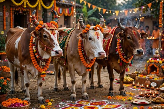 Decorated Indian Cows With Marigold Garlands For Govardhan Puja And Gopashtami