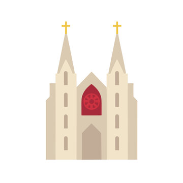 Flat illustration of a church with spires and rose window