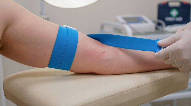 Person having a blood sample taken with a blue tourniquet applied  