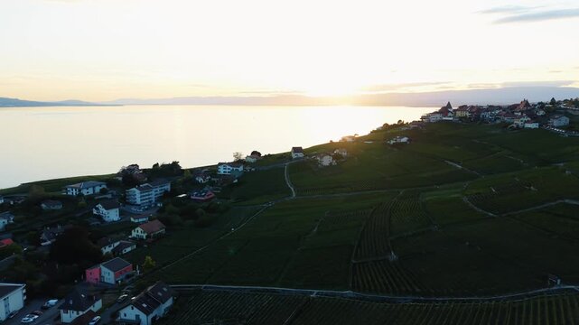 Drone pans across sunset vineyards near Cully, Lake Geneva, Switzerland