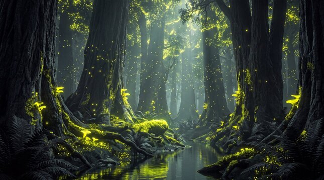 Dark mystical forest with glowing neon yellow bioluminescent moss and trees at night