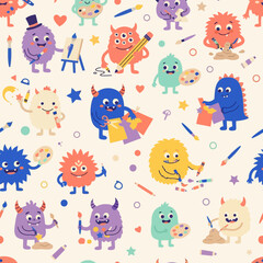 Obraz premium Artistic little monsters painting and drawing seamless pattern.