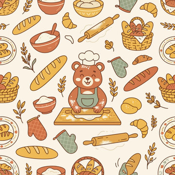Seamless pattern with baker bear and fresh bread.