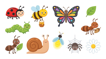 Obraz premium Set of adorable cartoon garden insects and bugs featuring smiling butterfly bee and ladybug