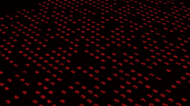 Red digital number grid scrolling on black background for cyber tech