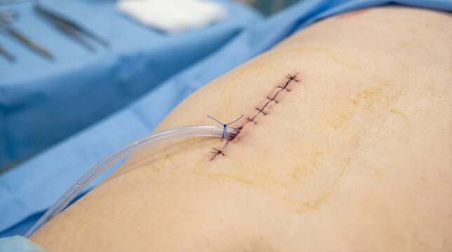 Surgical incision with stitches on a patient's abdomen in operating room  