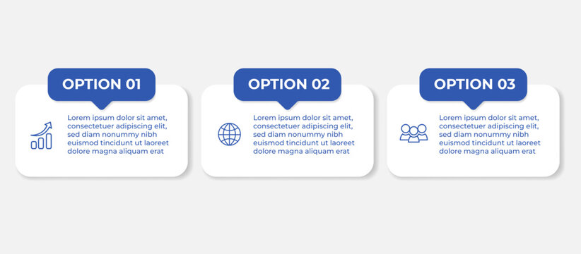 Modern 3 Options Business Infographic Template Vector Design with Blue Speech Bubble Headers and Icons