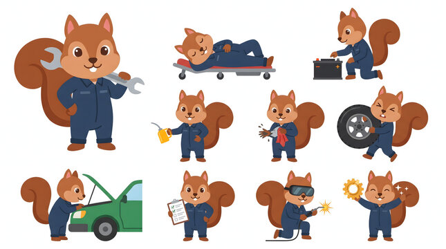 Cute squirrel auto mechanic characters repairing car engines and holding tools in various poses.