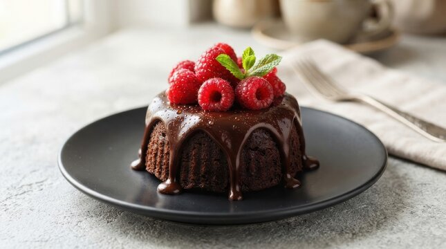 Delicious chocolate lava cake topped with fresh raspberries and mint on a black plate