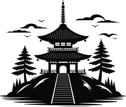 Traditional Asian pagoda temple black silhouette landscape with long stairs pine trees clouds and flying birds on white