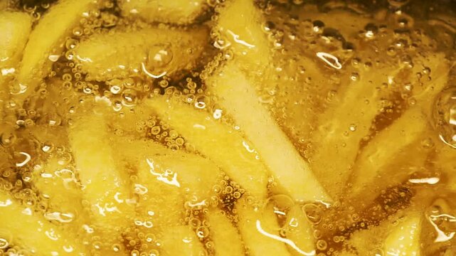Close-up slow motion fried crispy potato wedges deep frying in oil. French fries