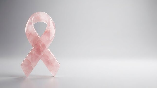Pink ribbon symbol gently floats above a light gray surface, representing breast cancer awareness and hope for a brighter future