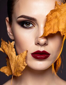 Artistic beauty portrait of woman partially framed by dry autumn leaves with bold red lipstick illustration