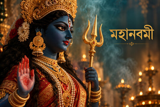 Divine goddess durga idol holding trident with glowing lamps celebrating durga puja and maha navami sacred hindu festival devotional background design artwork