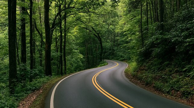 Winding asphalt road curving through lush forest, symbolizing journey, exploration, and the tranquil beauty of nature&rsquo;s path