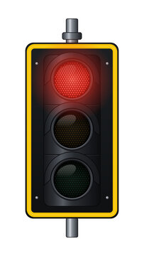 Modern LED traffic light with yellow bordered backplate showing red