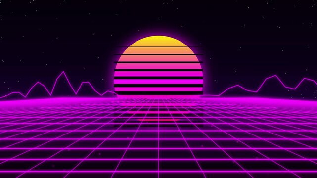 Retro 80s synthwave background with neon perspective grid, glowing striped sun and mountain silhouettes