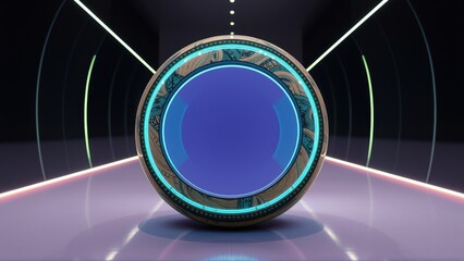 Fototapeta premium Futuristic circular device glows brightly. Dark background emphasizes neon lights, creating dramatic visual effect. Minimalist design.