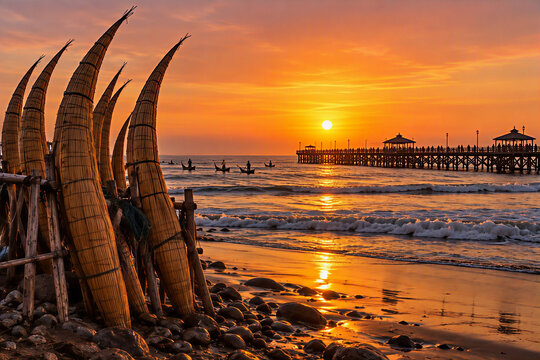 Huanchaco Sunset with Traditional Caballitos de Totora and Historic Pier, Trujillo - Peru