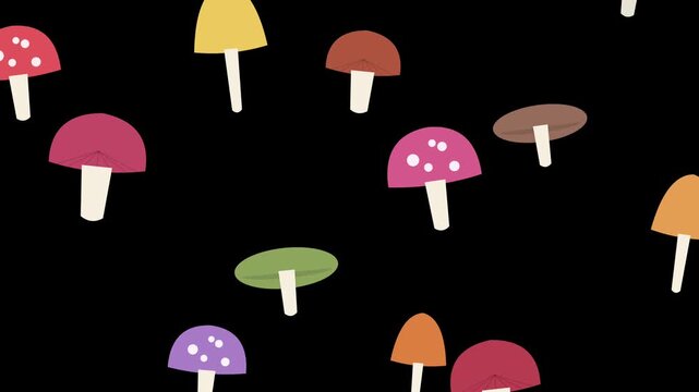 Colorful Assorted Hand Drawn Mushrooms Floating on a Dark Background