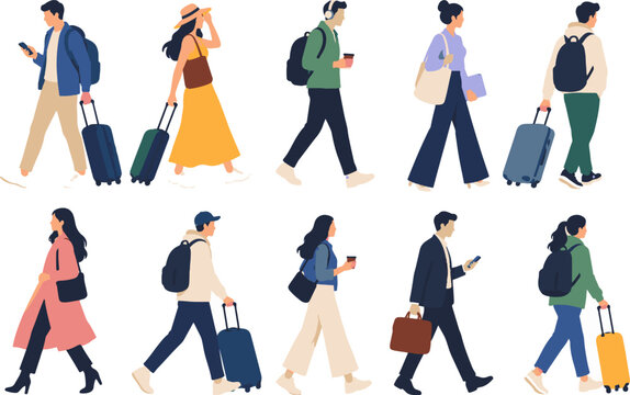 People Traveling and Commuting Icon Set &ndash; Side View Walking Characters, Business Travelers, Tourists with Suitcases and Laptop Bags Vector