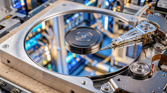Open hard drive disassembled hdd storage showing shiny magnetic platter read write head actuator arm internal computer mechanism components close view