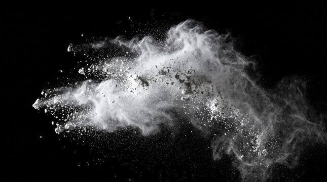 White powder explosion isolated on black background for dynamic
