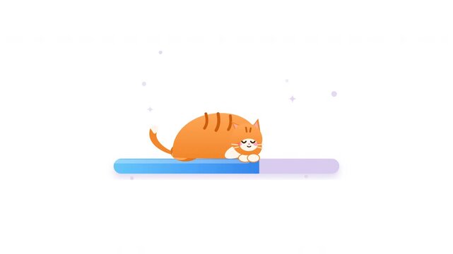 Cute orange cat sleeping on a loading progress bar animation