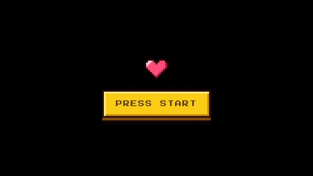 Retro pixel art press start buttons with hearts on black background