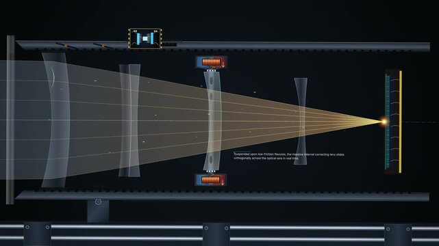 Educational animation of Optical Image Stabilization kinematics, showing gyroscopes detecting camera movement, voice coil actuators moving a corrective lens, and keeping focus on the CMOS sensor