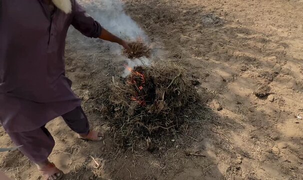 Crop residue burning with smoke in agricultural field. Dry crop residue and straw burning in farm field producing white smoke and fire, farmer in traditional clothes standing nearby, in the village.
