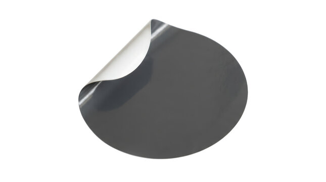 Dark grey circular sticker with a peeled corner isolated on transparent background