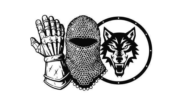 Knight armor glove mail hood and wolf shield resting on surface