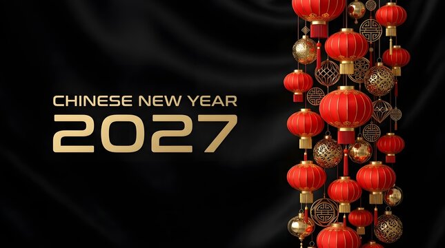 Chinese new year 2027 with hanging red lanterns on black silk background.