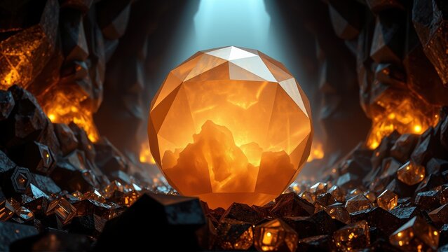 Glowing faceted sphere rests amid jagged crystal formations. Dramatic lighting emphasizes depth, texture, warmth. Mysterious cavern setting.