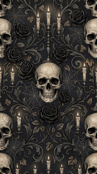 Gothic skull wallpaper pattern with dark roses, vintage Damask skull background, spooky Halloween texture for digital backdrop