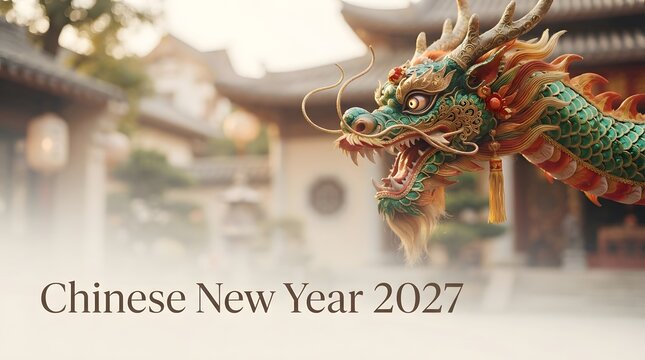 Ornate green and gold chinese dragon sculpture with traditional temple background.