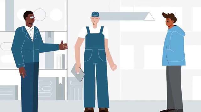 Diverse animated characters communicating in modern office setting with professional business attire and casual clothing vector motion footage