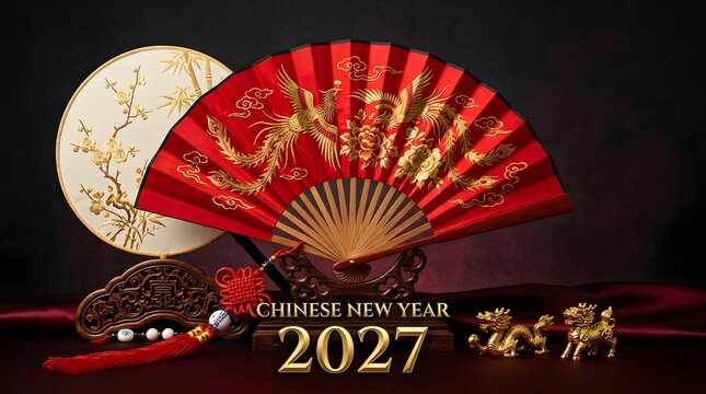 Chinese new year 2027 arrangement with red folding fan and golden dragon figurines.