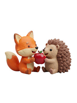 Cute Fox And Hedgehog Sharing An Apple In Autumn