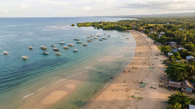 Aerial view of a peaceful tropical coastal village with a long sandy beach, clear shallow sea, traditional outrigger boats, mangroves, coconut palms, and lush countryside.