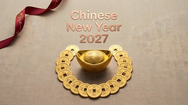 Chinese new year 2027 with gold ingot and circular coin arrangement.