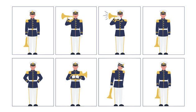 Military bugler in dress uniform practicing poses in white boxed grid