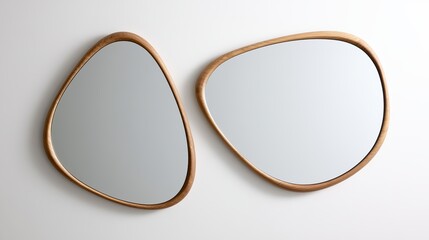 Obraz premium Two abstract wooden framed mirrors, stylishly arranged on a white surface, evoke modern interior design concepts