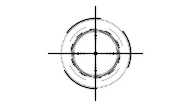 A glowing black electronic cross hair and circular target HUD interface pulse on a white background. Ideal for Sofia video games, security system visuals, and technology video.